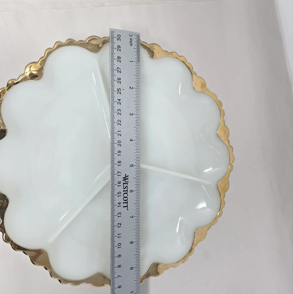 Anchor Hocking Fire-King Milk Glass-Gold Relish Cheese Cracker Dish 3 Sections